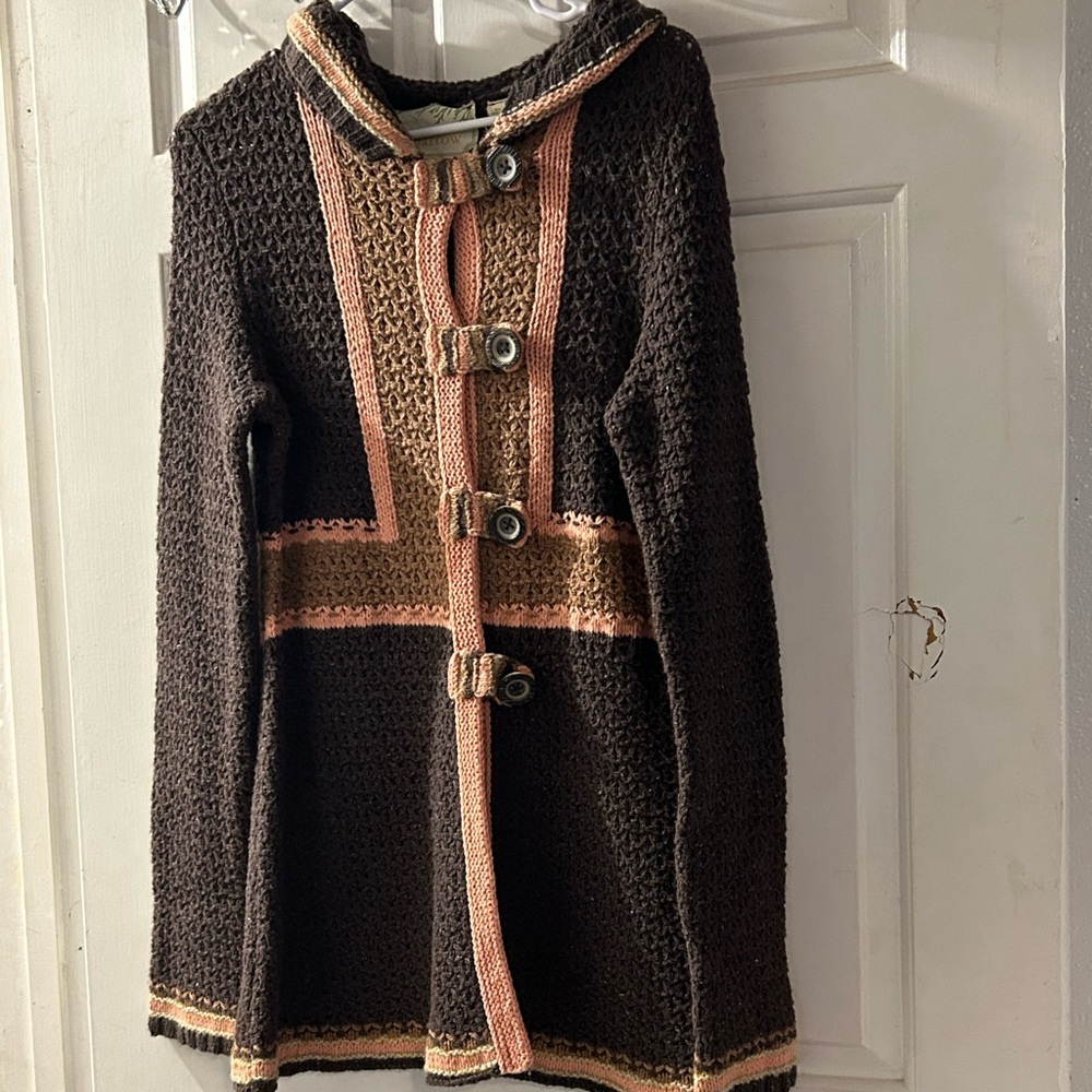 Anthropologie Brown Sweater Coat with Tan and Coral Trim
